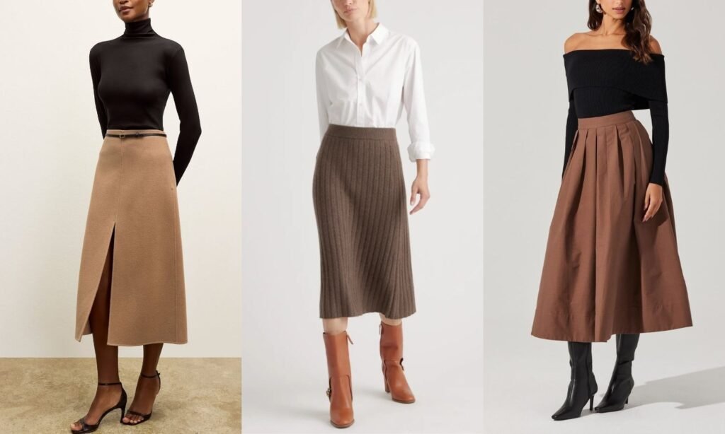 10 Brown Midi Skirt for a Warm & Chic Winter Look