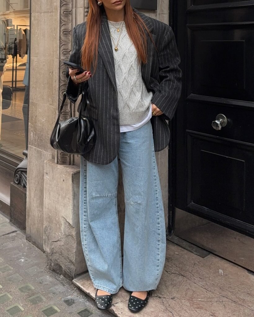 Layered Look 2 ｜ White shirt + Cozy sweater+ Favorite jeans + Striped Blazer