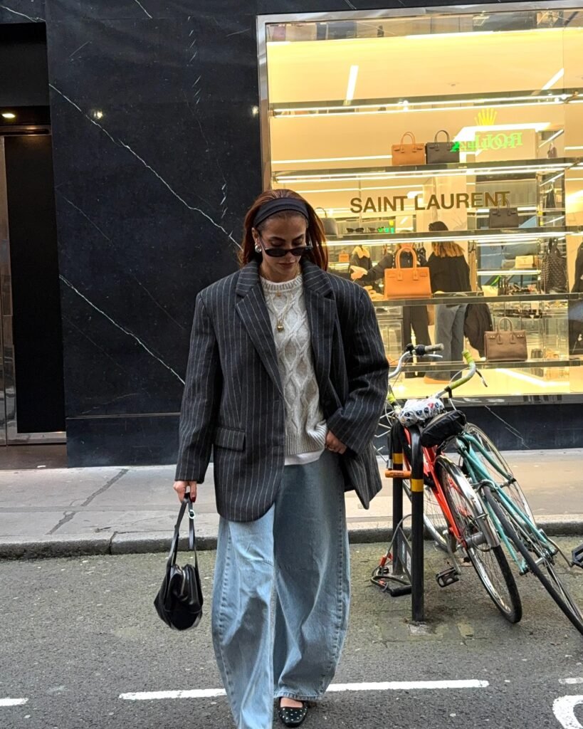 Layered Look 2 ｜ White shirt + Cozy sweater+ Favorite jeans + Striped Blazer