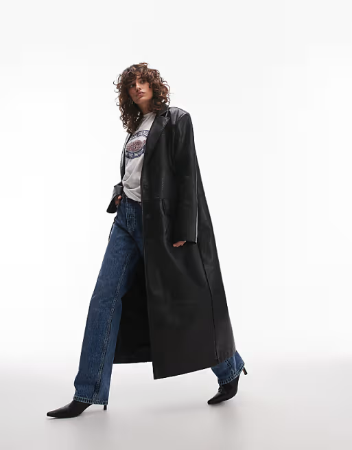 Topshop faux leather longline coat in black