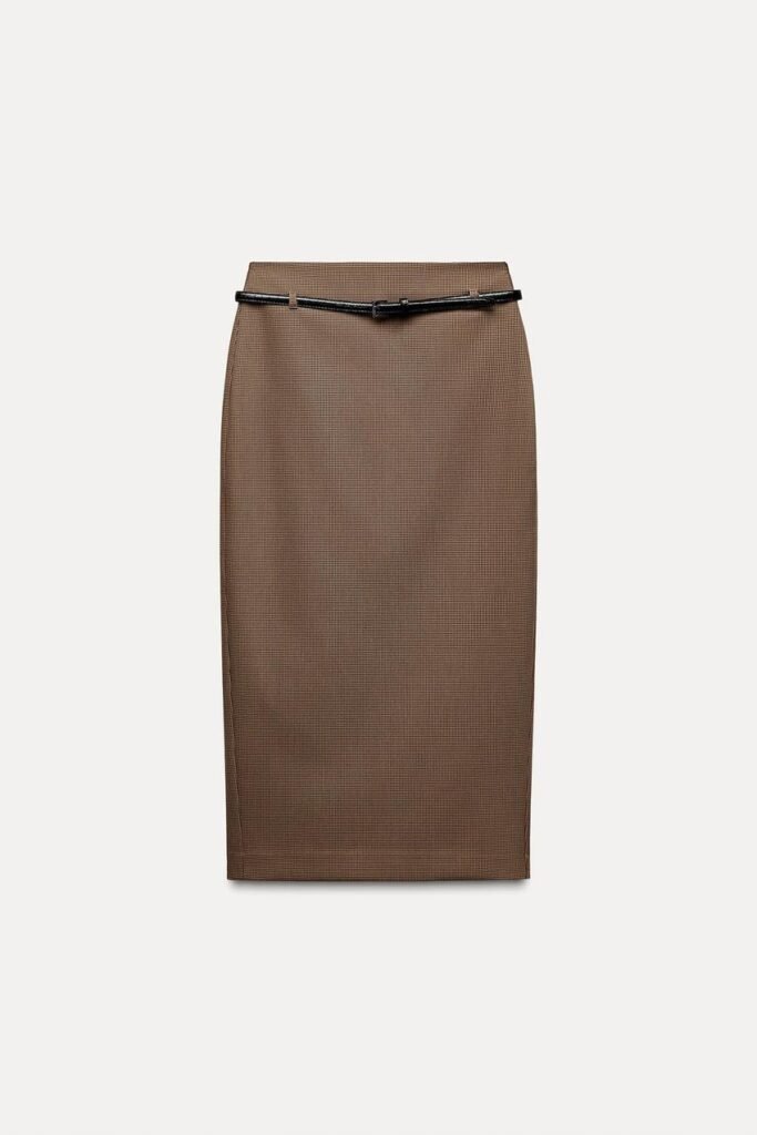 Long Plaid Belted Brown Midi Skirt ｜Zara