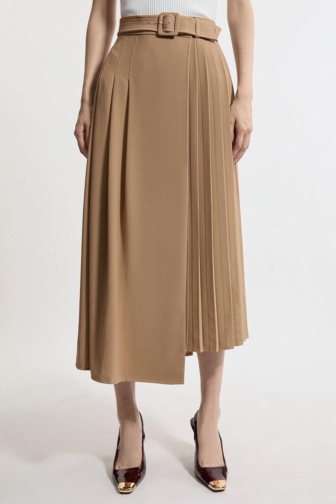 Petite Size Soft Tailored Crepe Belted Pleated Brown Midi Skirt | KAREN MILLEN