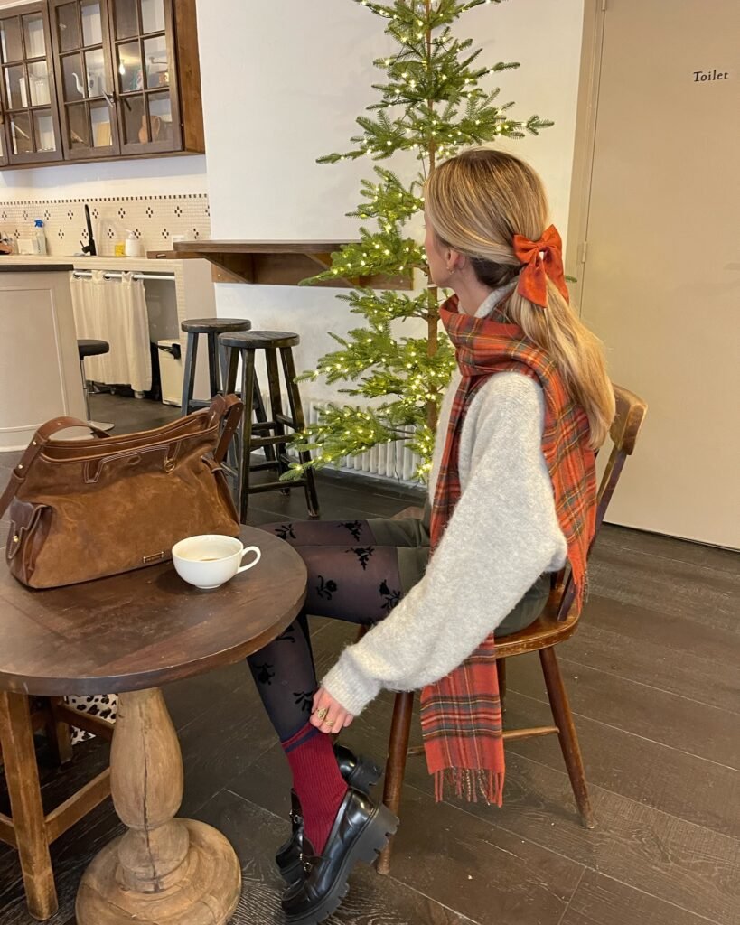 Layering  Outfit  5 ｜ Beige sweater + Green shorts + Dark green coat + Red plaid scarf + Red socks