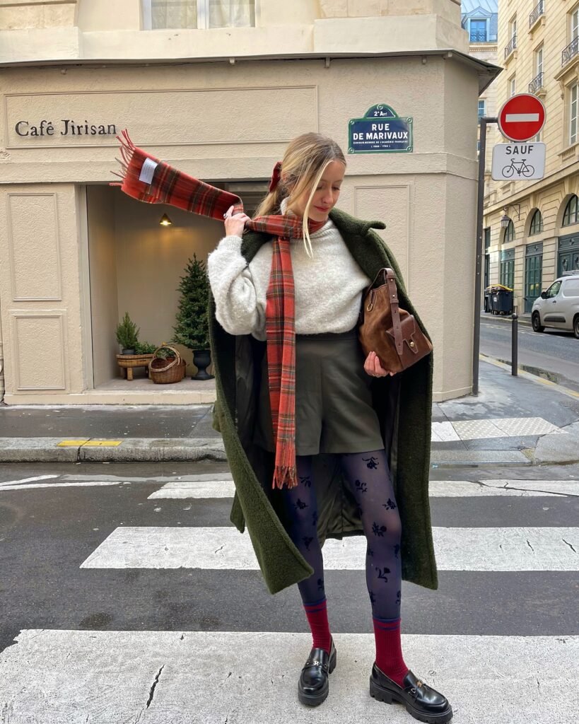 Layering  Outfit  5 ｜ Beige sweater + Green shorts + Dark green coat + Red plaid scarf + Red socks