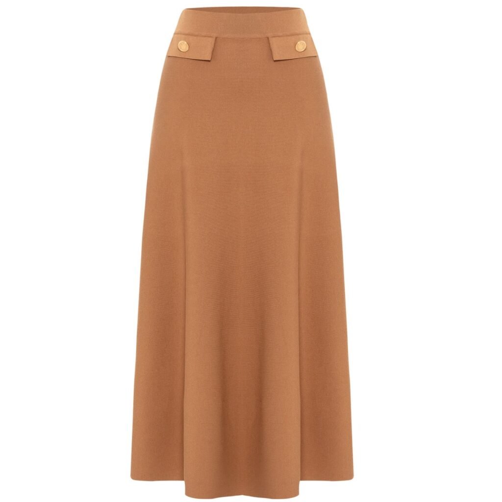 Vivien Midi Flared Knit Skirt In Camel | Wolf & Badger