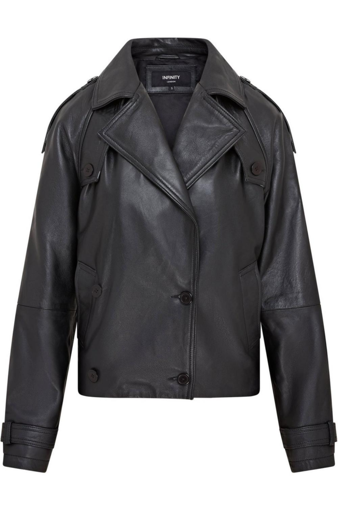 black cropped oversized trench leather jacket