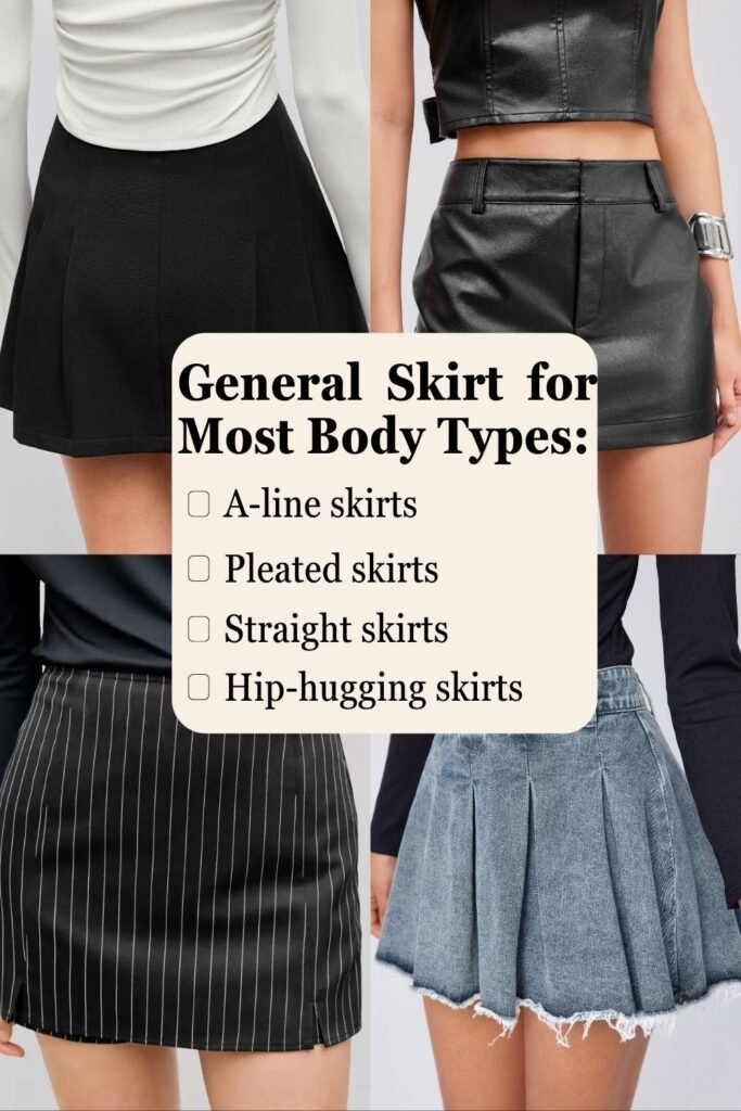 A collage showcasing different skirt styles, including A-line, pleated, straight, and hip-hugging skirts, with text explaining how these styles suit most body types.