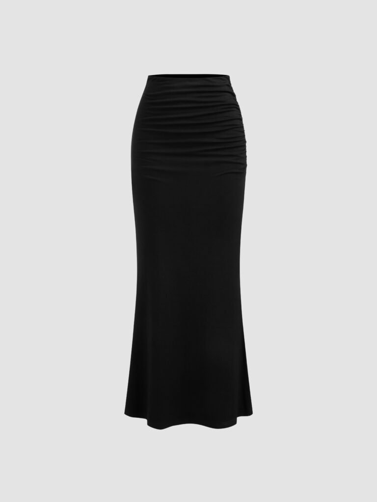 Mid Rise Solid Ruched Maxi Skirt