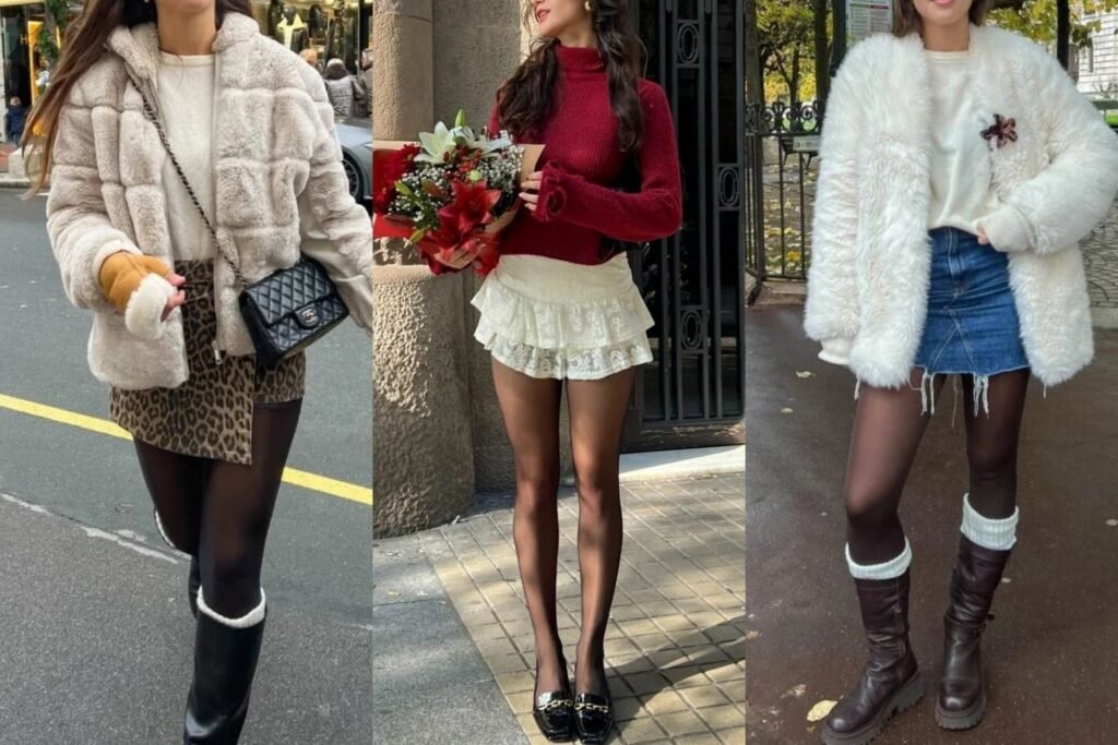 Three stylish outfits featuring mini skirts styled for winter, paired with tights, boots, and cozy jackets