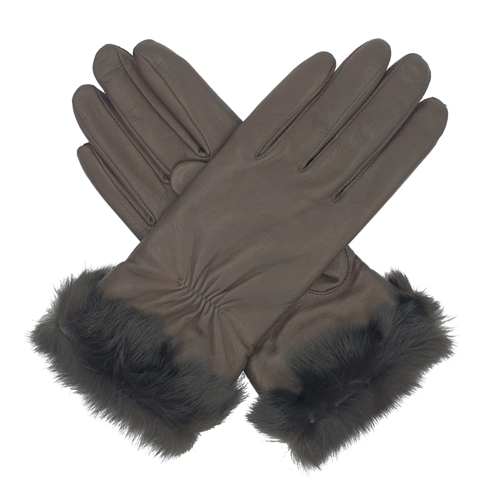 Women Brown Gloves Fluffy design with leather materials
